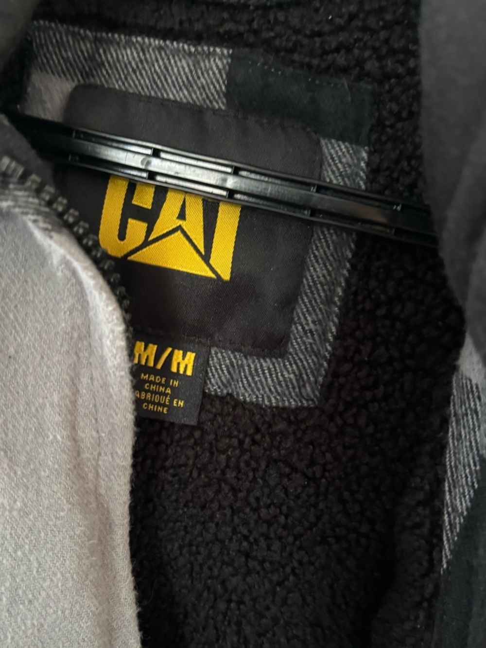 Caterpillar CAT insulated plaid jacket sweater size medium grey black GUC hooded - Picture 3 of 3